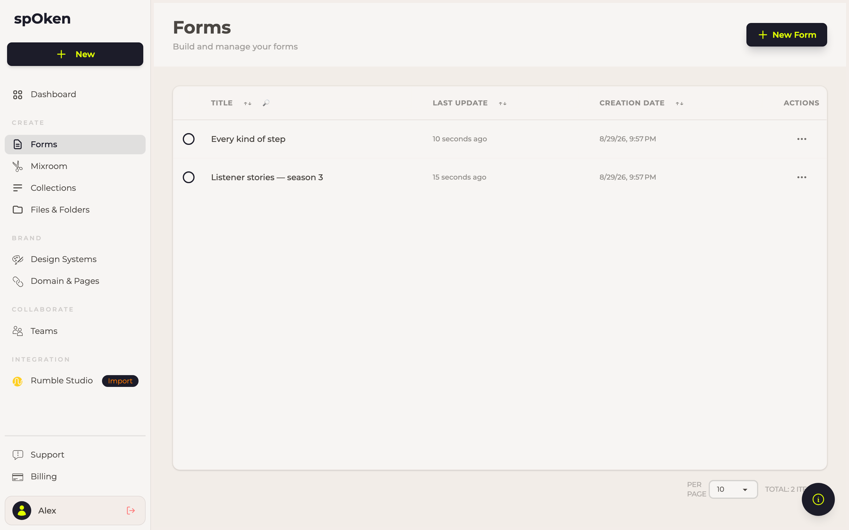 The forms list