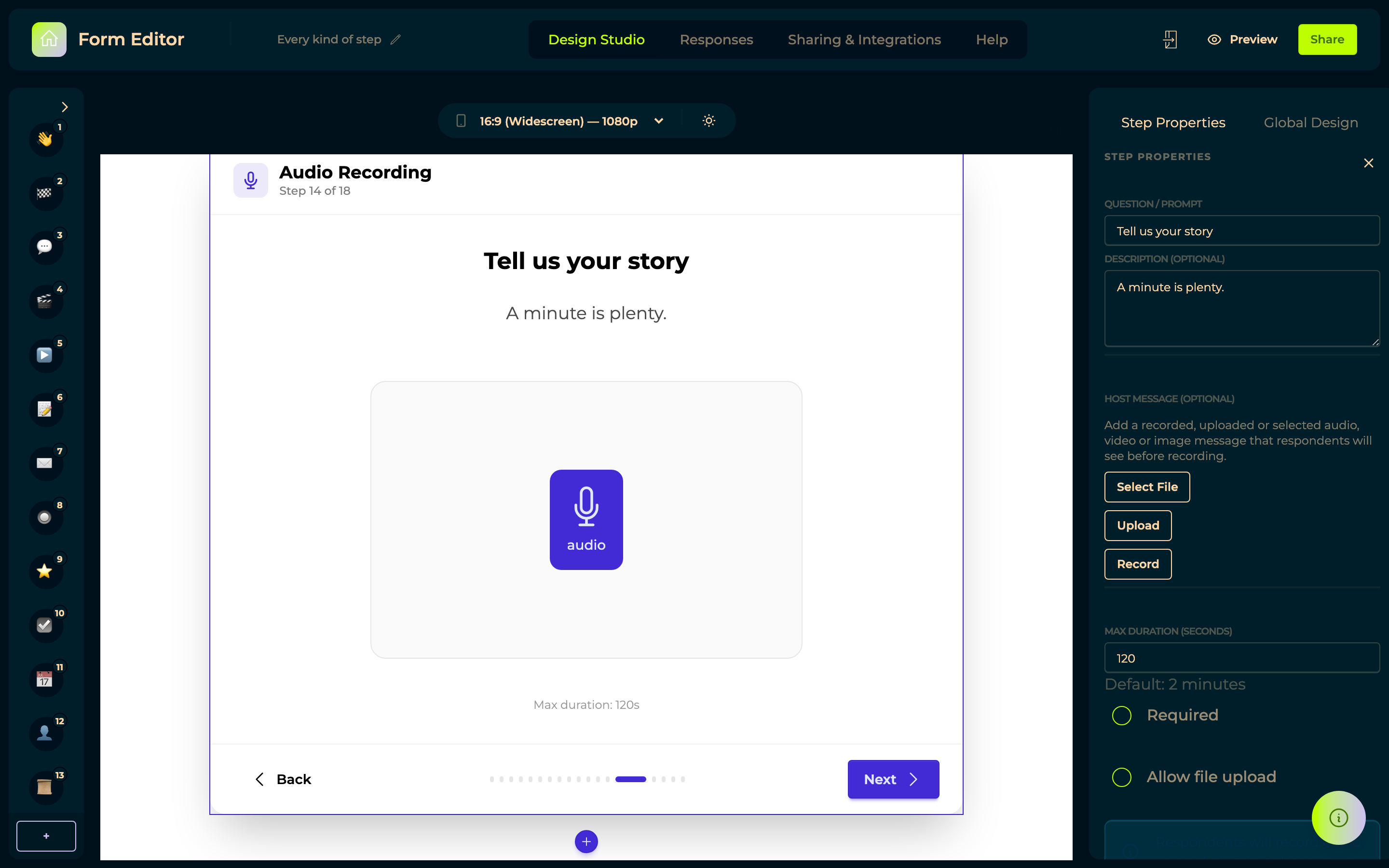 The Audio Recording step in the builder