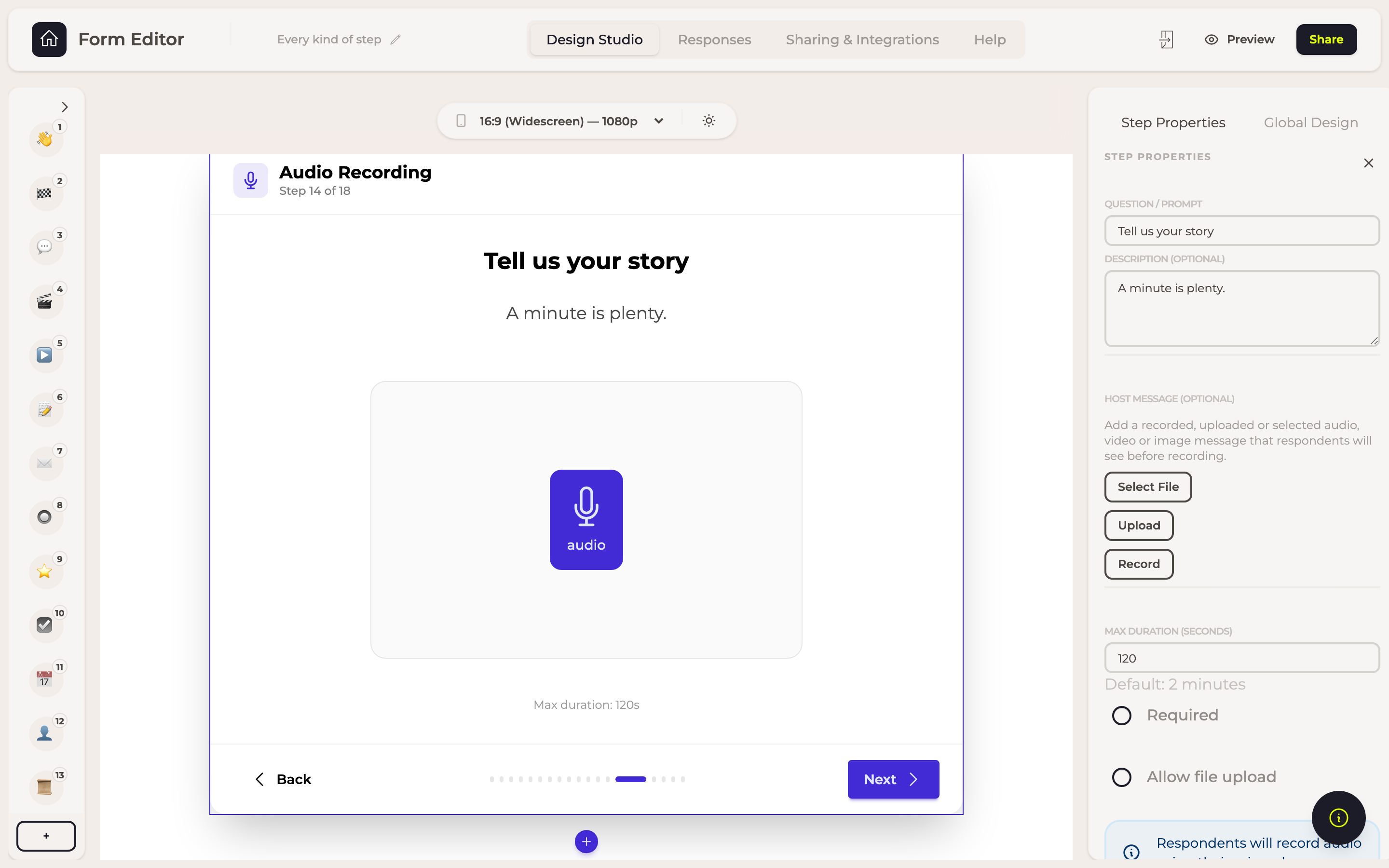 The Audio Recording step in the builder