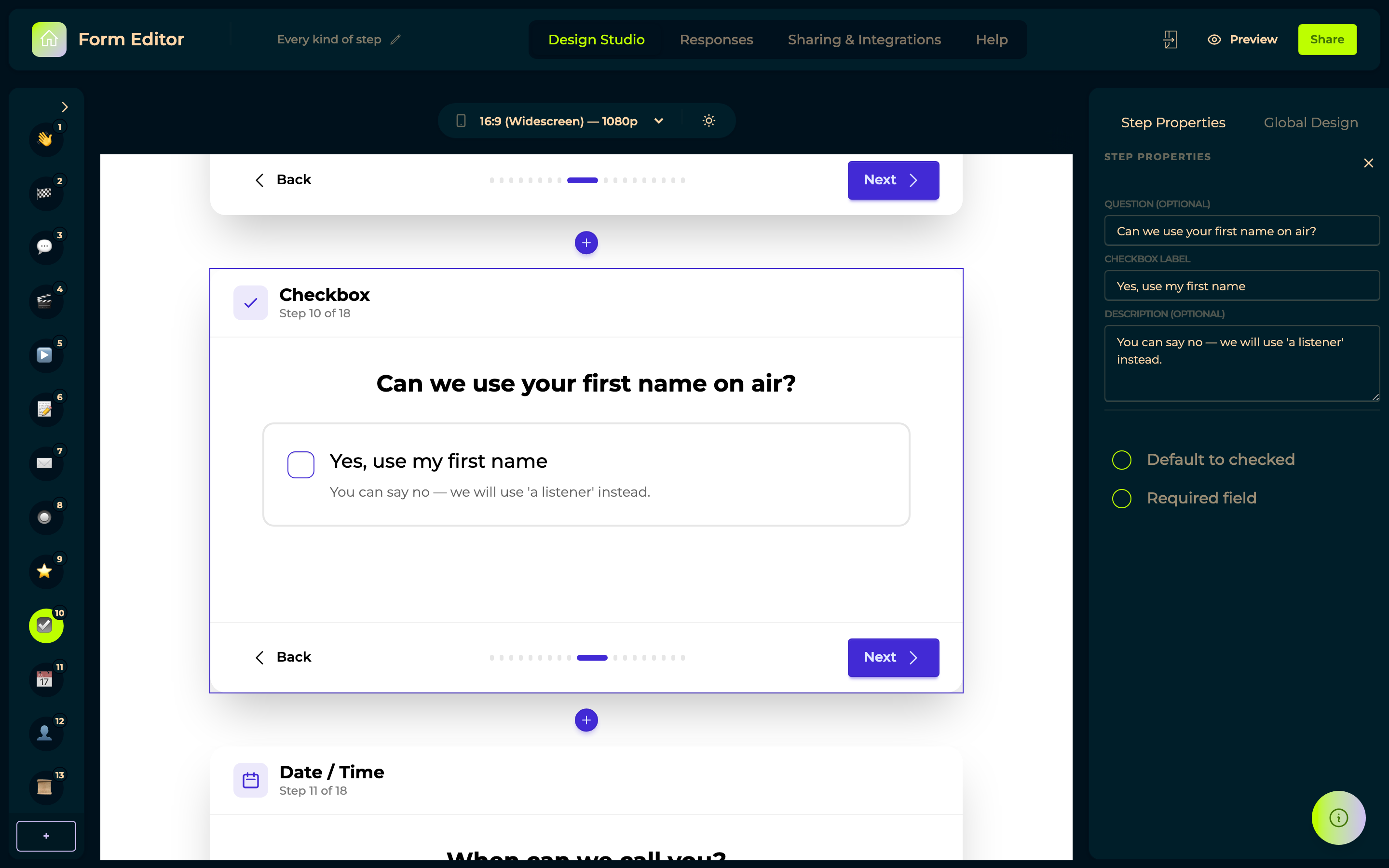 The Checkbox step in the builder
