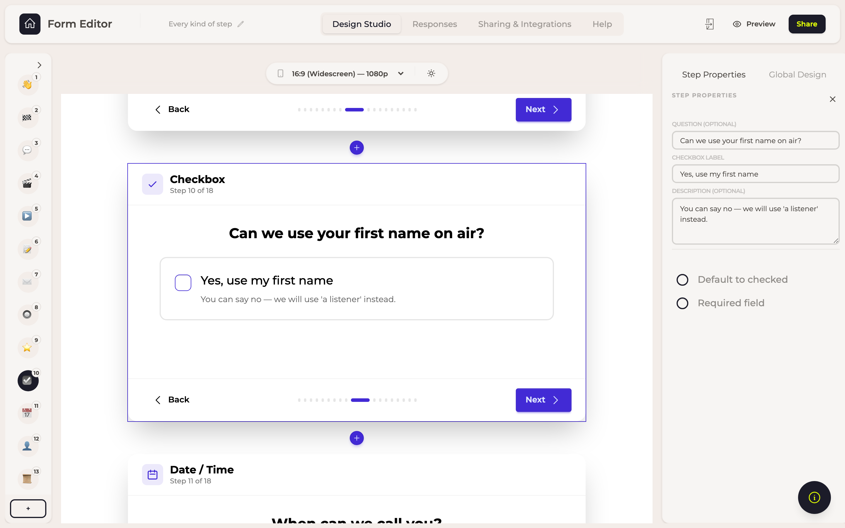 The Checkbox step in the builder