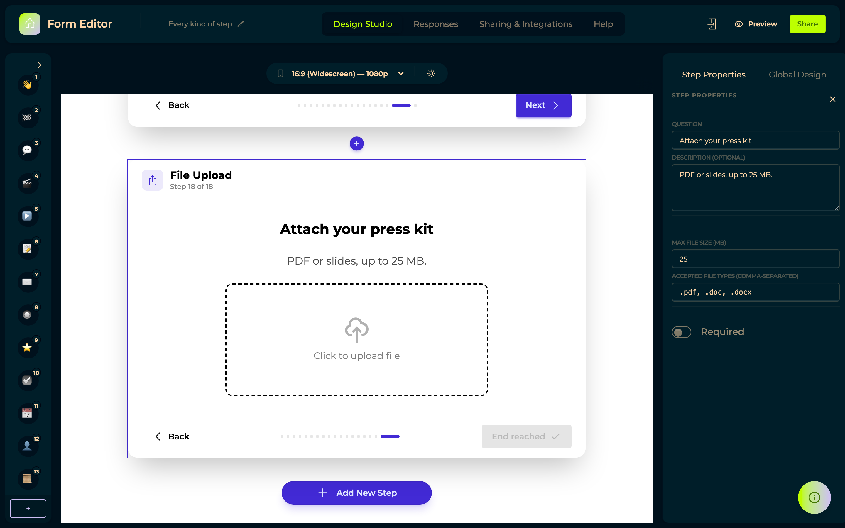 The File Upload step in the builder