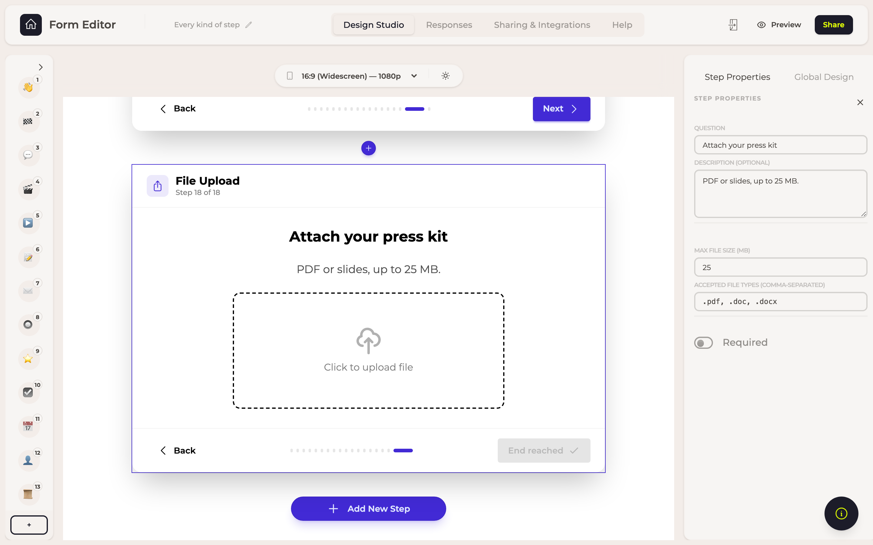 The File Upload step in the builder