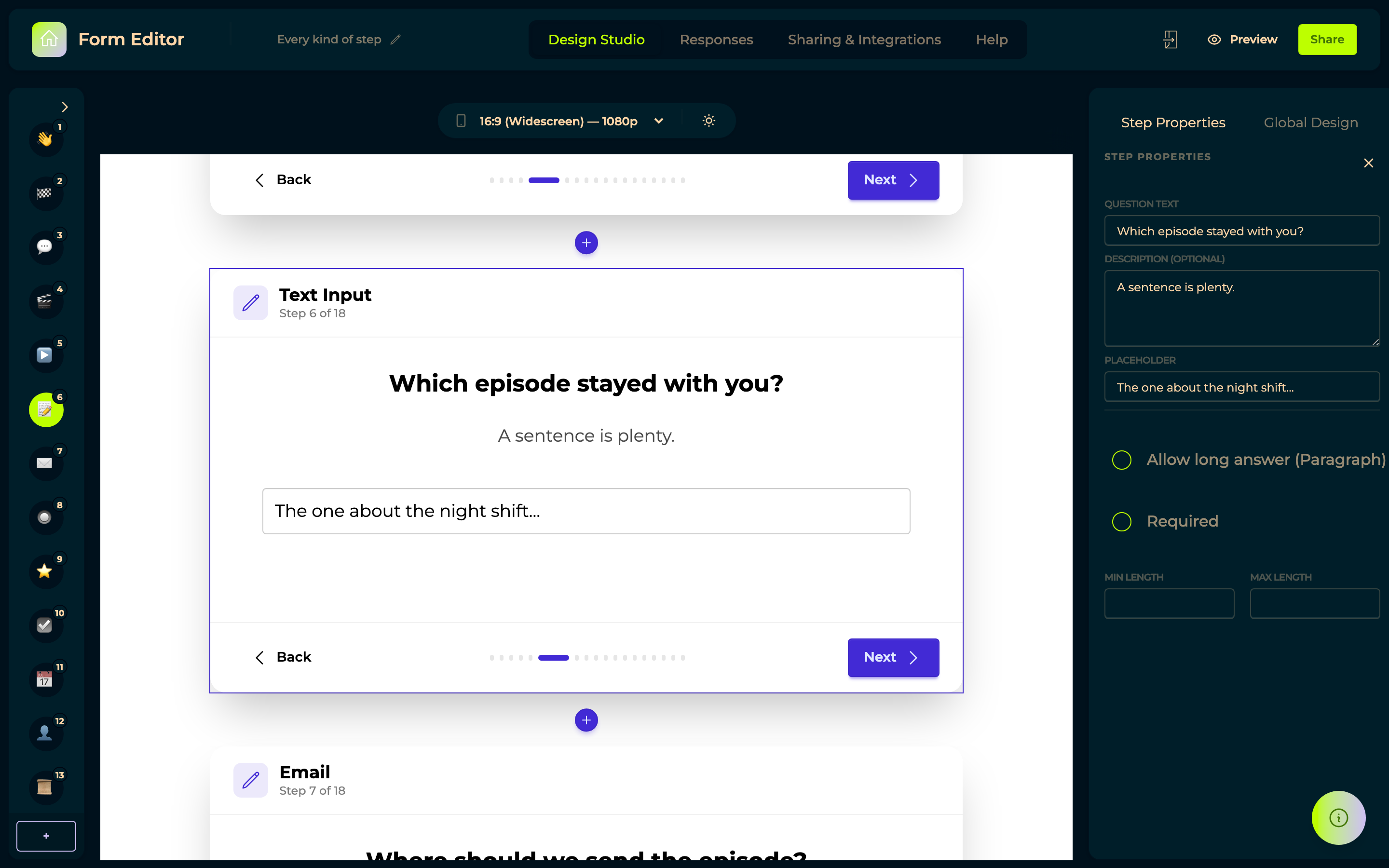 The Text Input step in the builder