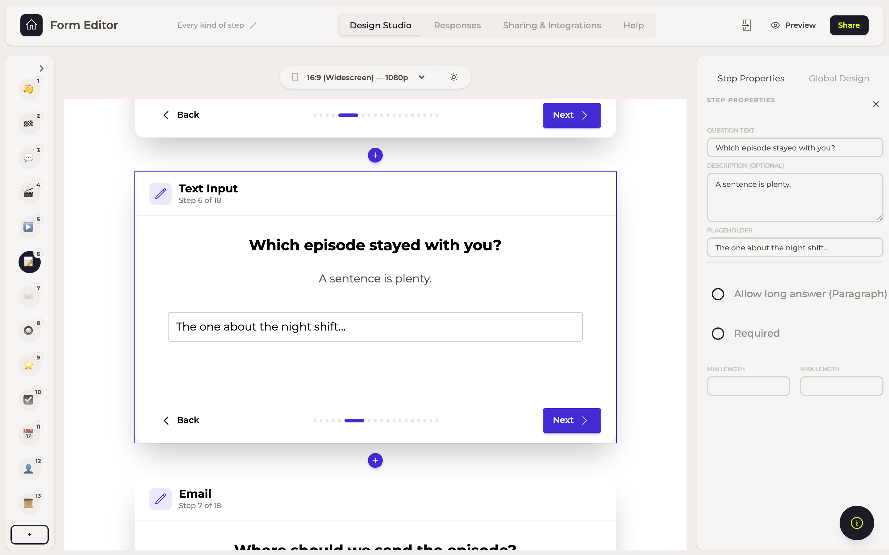 The Text Input step in the builder