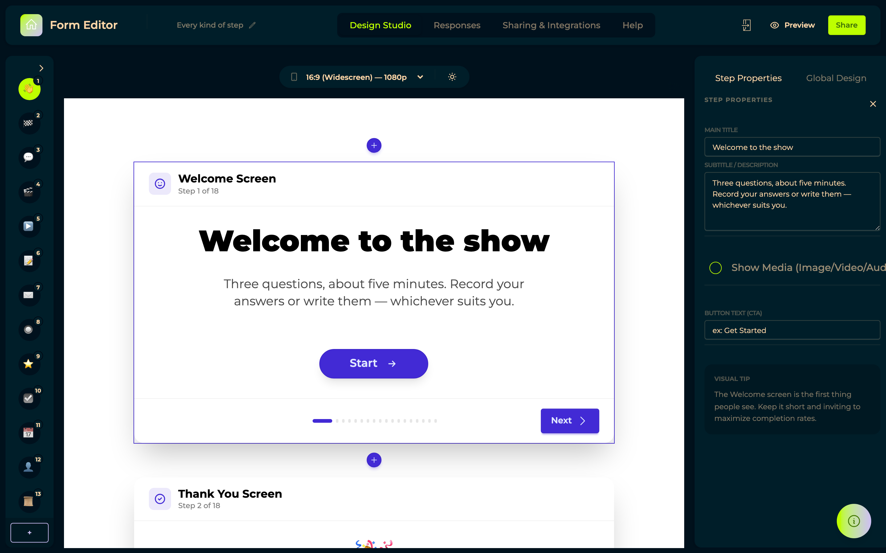 The Welcome Screen step in the builder