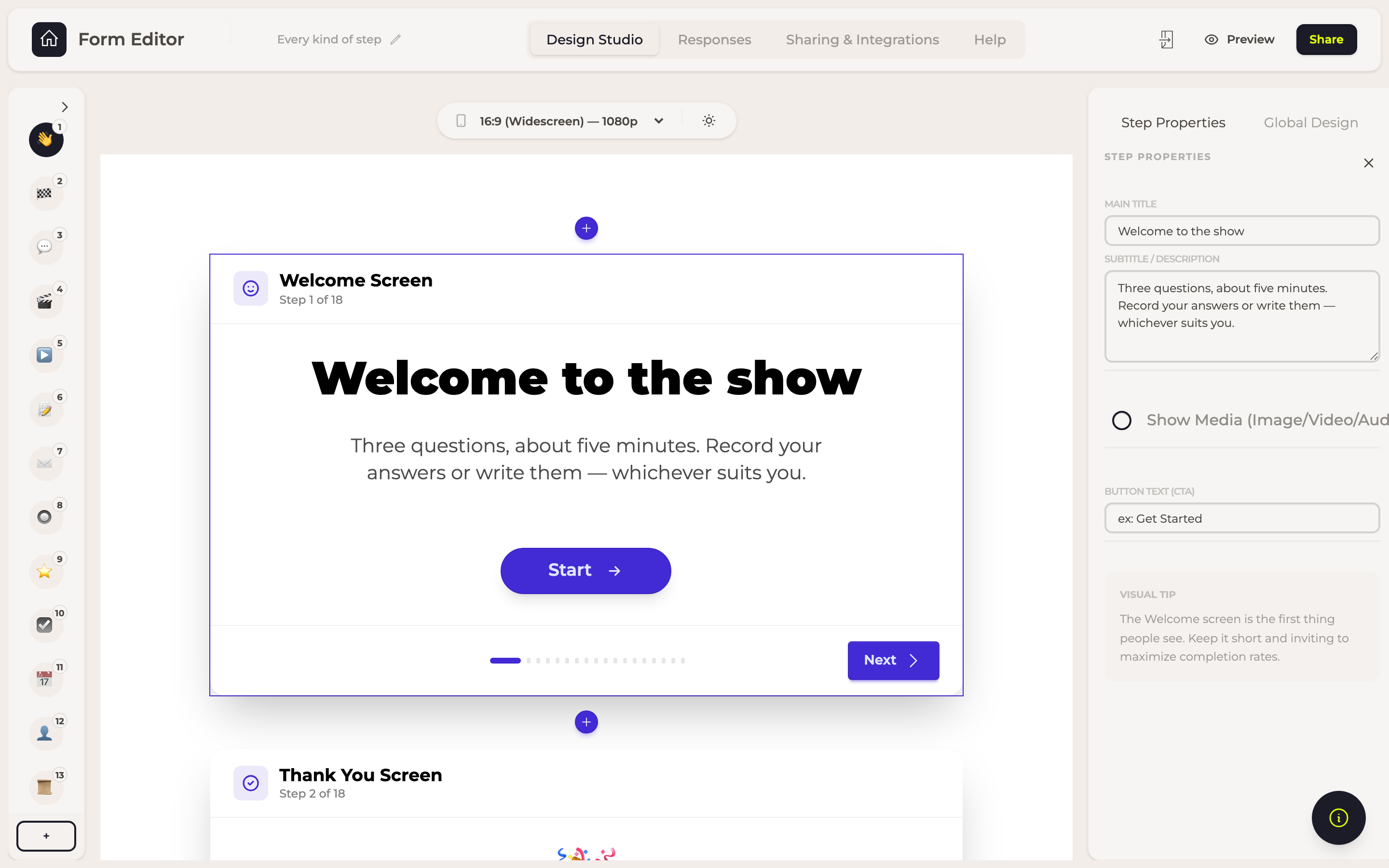 The Welcome Screen step in the builder